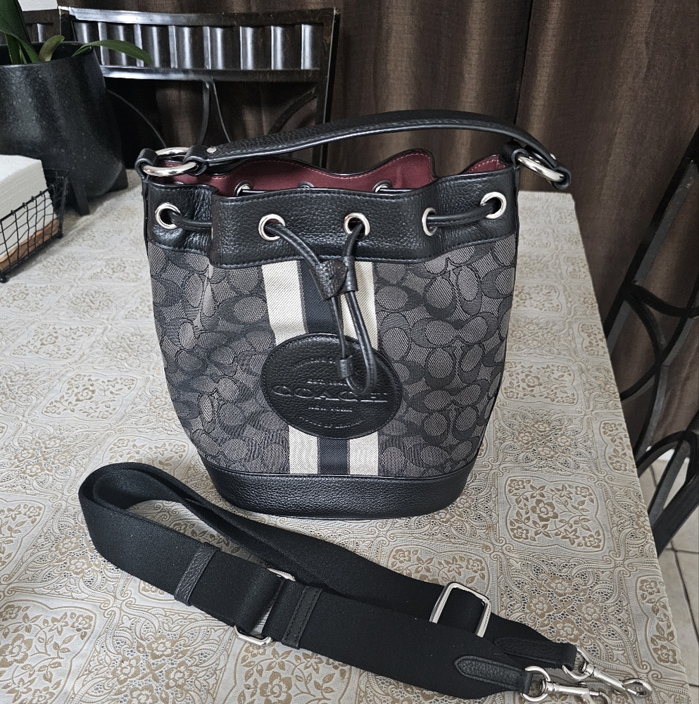 Coach Black and Gray Signature Bucket Bag with White Stripes